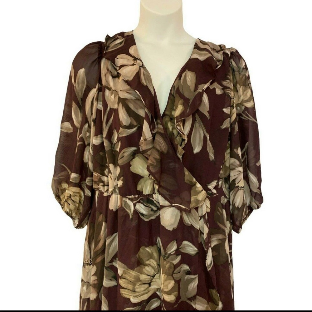 size 22W Gabby Skye Chiffon Wrap Plum Taupe Floral Puff Sleeve Midi Dress - Picture 4 of 10